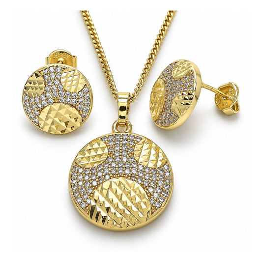 Oro Laminado Earring and Pendant Adult Set, Gold Filled Style with White Cubic Zirconia, Polished, Golden Finish