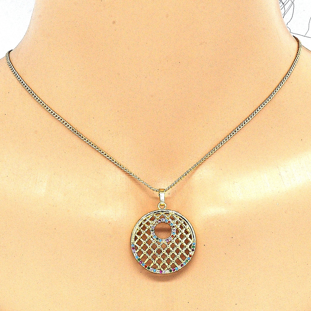 Oro Laminado Earring and Pendant Adult Set, Gold Filled Style with Multicolor Cubic Zirconia, Polished, Golden Finish