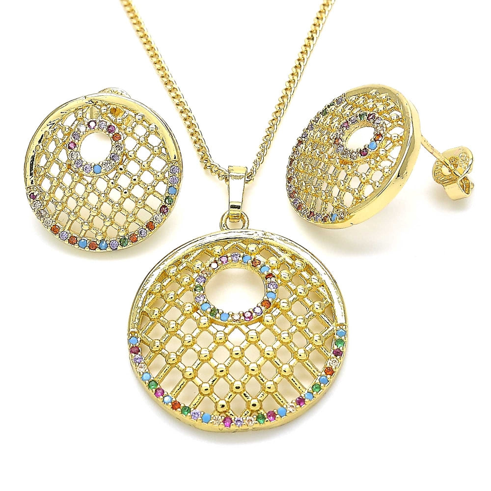 Oro Laminado Earring and Pendant Adult Set, Gold Filled Style with Multicolor Cubic Zirconia, Polished, Golden Finish