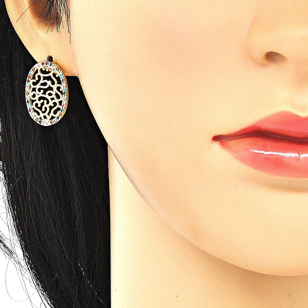 Oro Laminado Earring and Pendant Adult Set, Gold Filled Style with Multicolor Cubic Zirconia, Polished, Golden Finish
