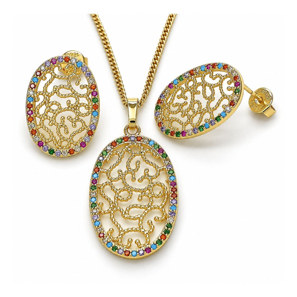 Oro Laminado Earring and Pendant Adult Set, Gold Filled Style with Multicolor Cubic Zirconia, Polished, Golden Finish
