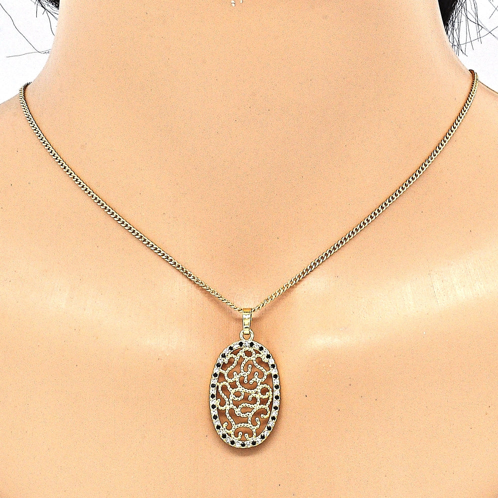 Oro Laminado Earring and Pendant Adult Set, Gold Filled Style with Black and White Cubic Zirconia, Polished, Golden Finish