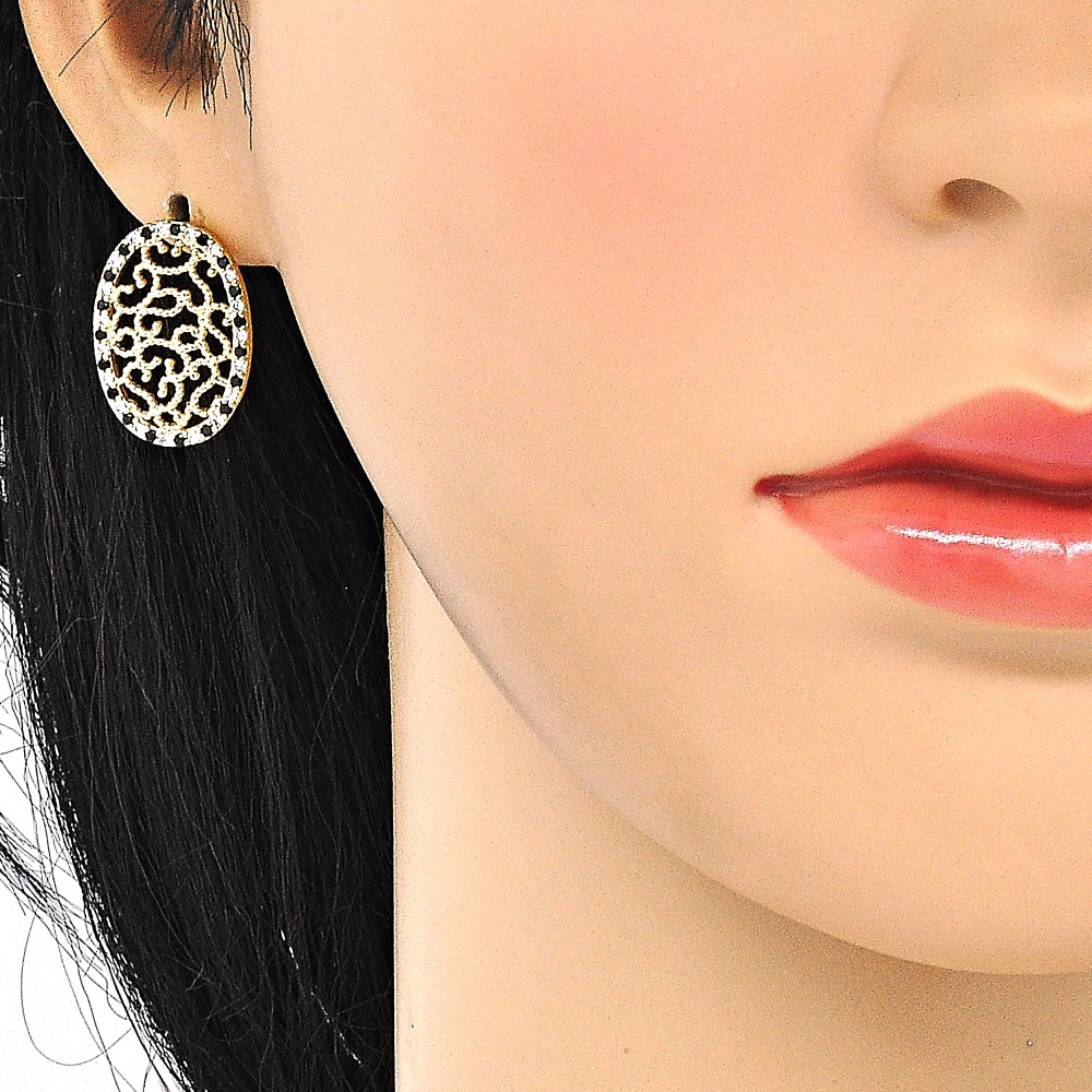 Oro Laminado Earring and Pendant Adult Set, Gold Filled Style with Black and White Cubic Zirconia, Polished, Golden Finish