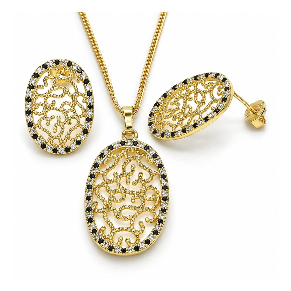 Oro Laminado Earring and Pendant Adult Set, Gold Filled Style with Black and White Cubic Zirconia, Polished, Golden Finish