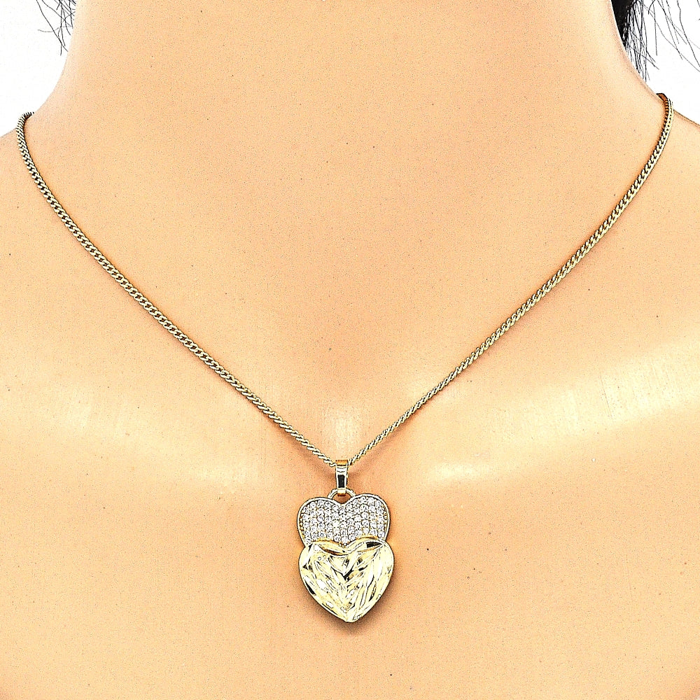 Oro Laminado Earring and Pendant Adult Set, Gold Filled Style Heart Design, with White Micro Pave, Diamond Cutting Finish, Golden Finish