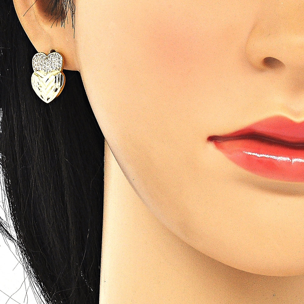 Oro Laminado Earring and Pendant Adult Set, Gold Filled Style Heart Design, with White Micro Pave, Diamond Cutting Finish, Golden Finish