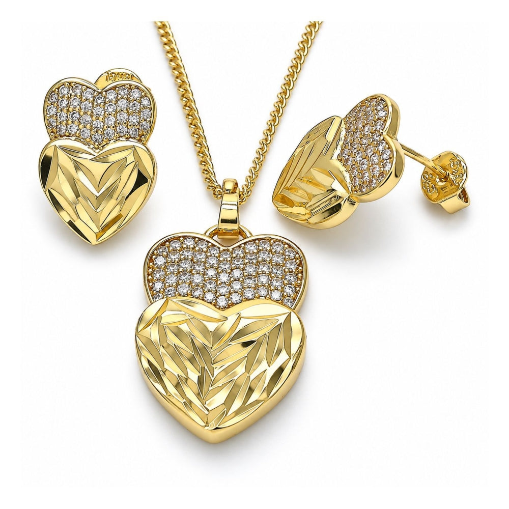 Oro Laminado Earring and Pendant Adult Set, Gold Filled Style Heart Design, with White Micro Pave, Diamond Cutting Finish, Golden Finish