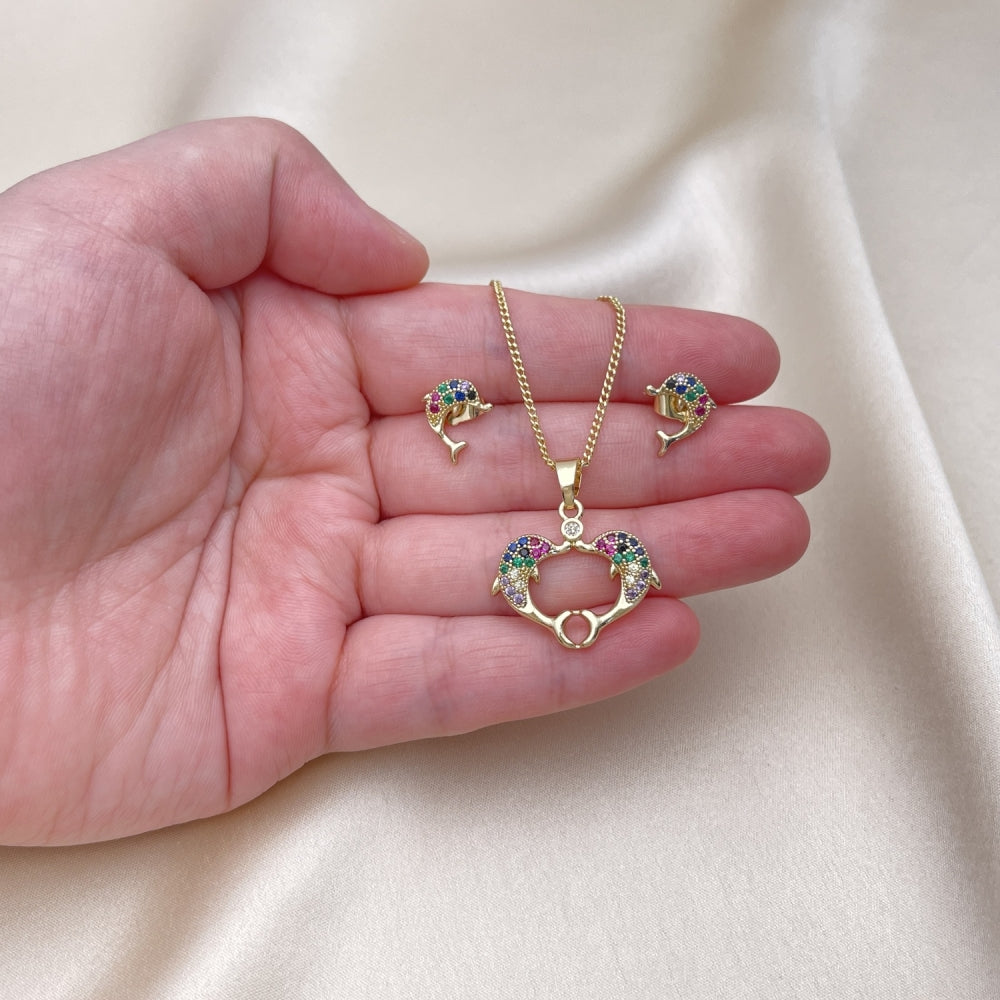 Oro Laminado Earring and Pendant Adult Set, Gold Filled Style Dolphin Design, with Multicolor Micro Pave and White Cubic Zirconia, Polished, Golden Finish