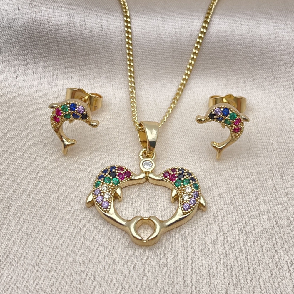 Oro Laminado Earring and Pendant Adult Set, Gold Filled Style Dolphin Design, with Multicolor Micro Pave and White Cubic Zirconia, Polished, Golden Finish