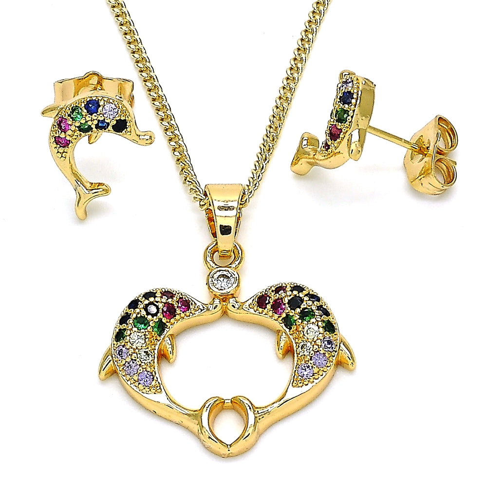 Oro Laminado Earring and Pendant Adult Set, Gold Filled Style Dolphin Design, with Multicolor Micro Pave and White Cubic Zirconia, Polished, Golden Finish