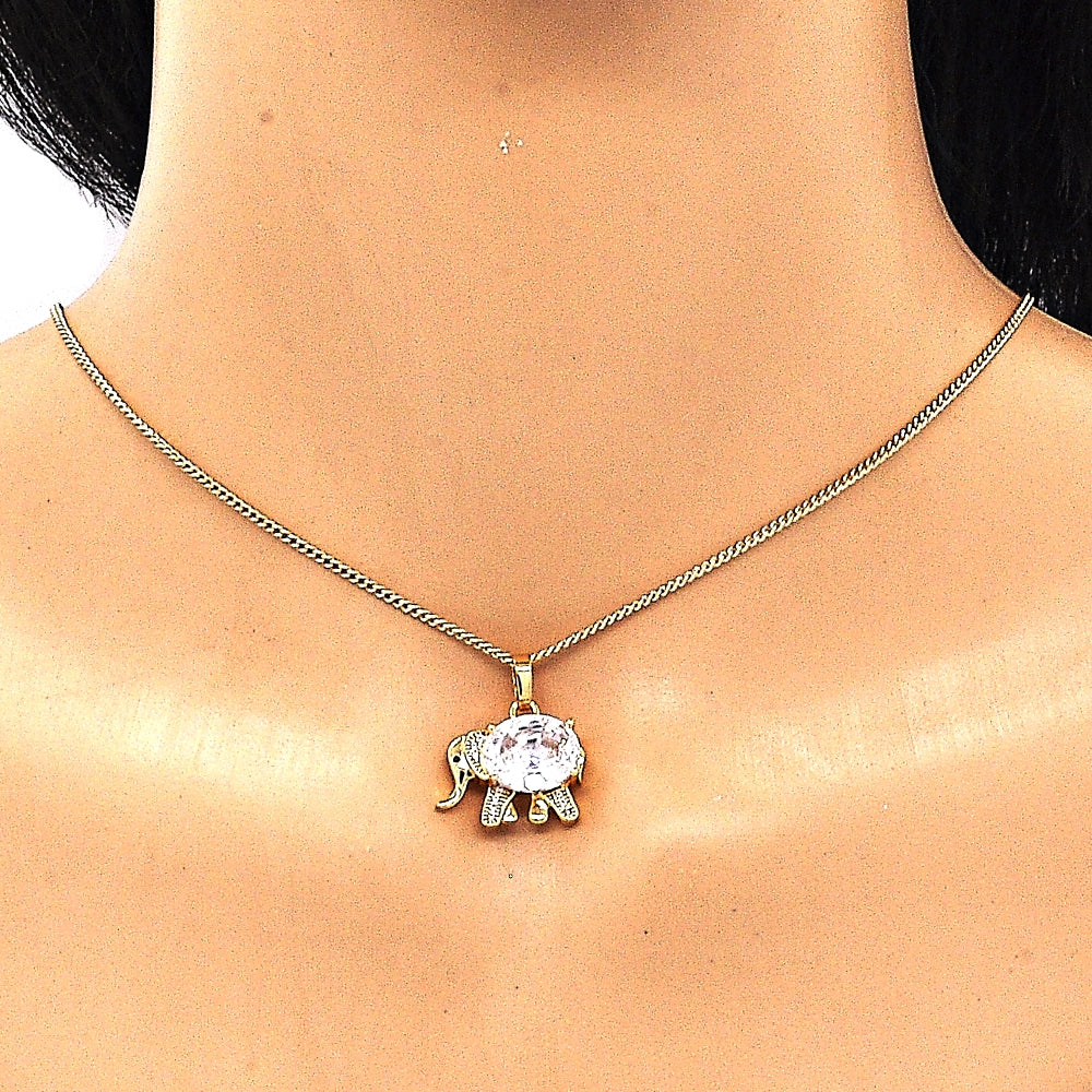 Oro Laminado Earring and Pendant Adult Set, Gold Filled Style Elephant Design, with White Cubic Zirconia and White Micro Pave, Polished, Golden Finish