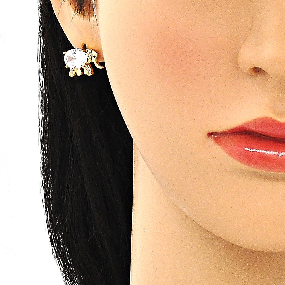 Oro Laminado Earring and Pendant Adult Set, Gold Filled Style Elephant Design, with White Cubic Zirconia and White Micro Pave, Polished, Golden Finish