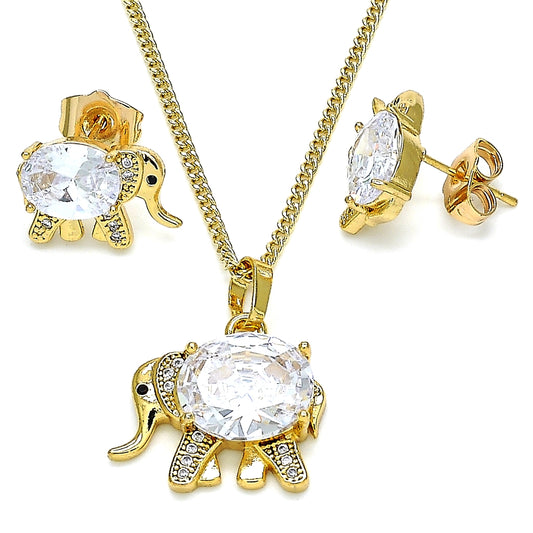 Oro Laminado Earring and Pendant Adult Set, Gold Filled Style Elephant Design, with White Cubic Zirconia and White Micro Pave, Polished, Golden Finish