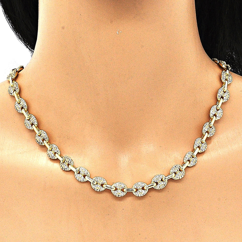 Oro Laminado Fancy Necklace, Gold Filled Style Puff Mariner Design, with White Micro Pave, Polished, Golden Finish