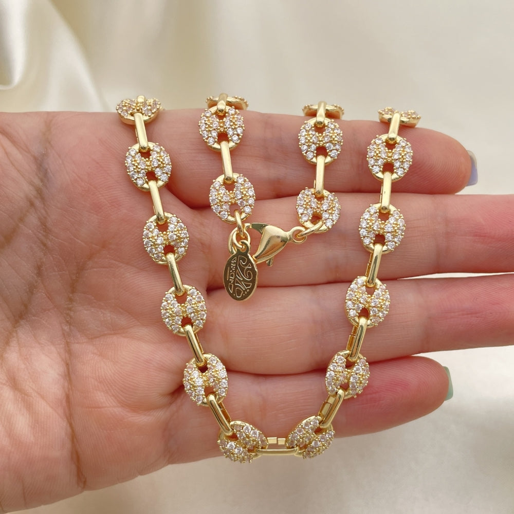 Oro Laminado Fancy Necklace, Gold Filled Style Puff Mariner Design, with White Micro Pave, Polished, Golden Finish