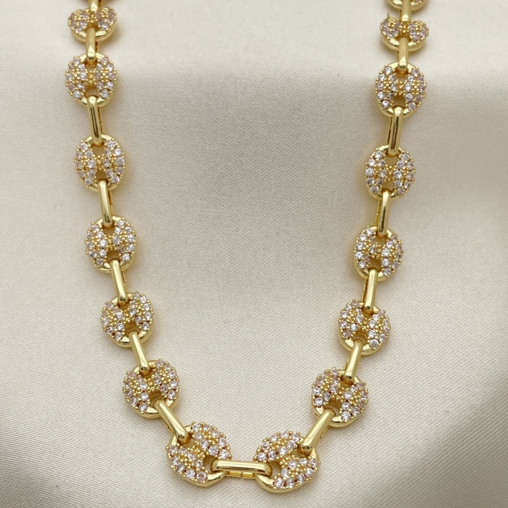 Oro Laminado Fancy Necklace, Gold Filled Style Puff Mariner Design, with White Micro Pave, Polished, Golden Finish