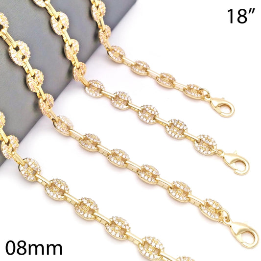 Oro Laminado Fancy Necklace, Gold Filled Style Puff Mariner Design, with White Micro Pave, Polished, Golden Finish