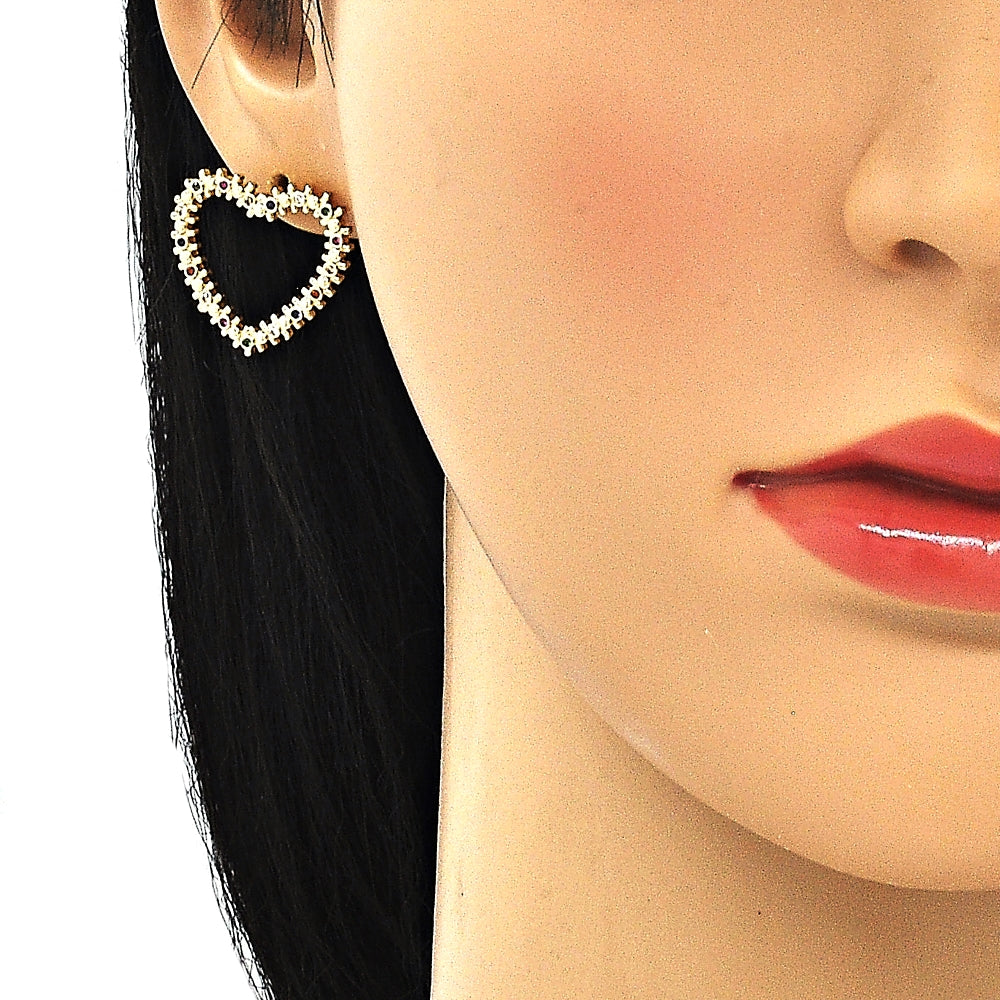 Oro Laminado Earring and Pendant Adult Set, Gold Filled Style Heart Design, with Multicolor Micro Pave, Polished, Golden Finish