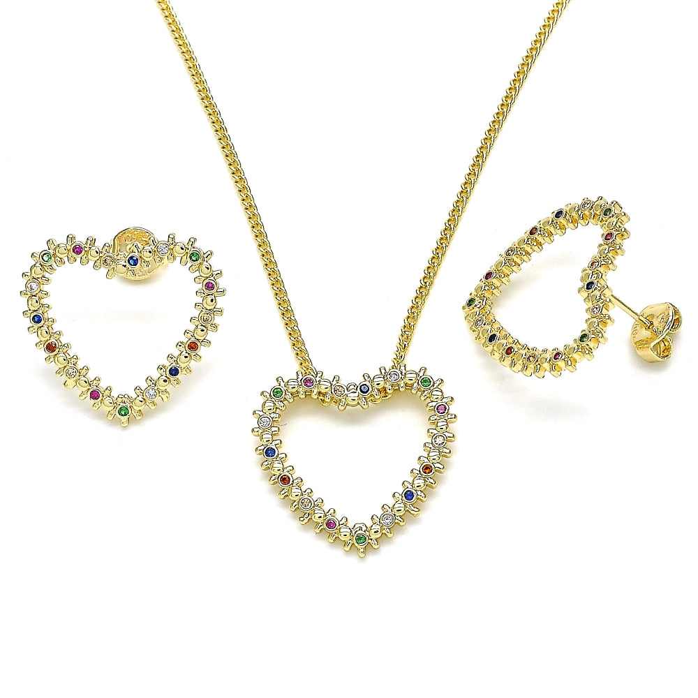 Oro Laminado Earring and Pendant Adult Set, Gold Filled Style Heart Design, with Multicolor Micro Pave, Polished, Golden Finish
