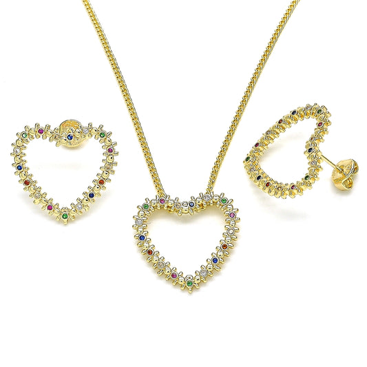 Oro Laminado Earring and Pendant Adult Set, Gold Filled Style Heart Design, with Multicolor Micro Pave, Polished, Golden Finish