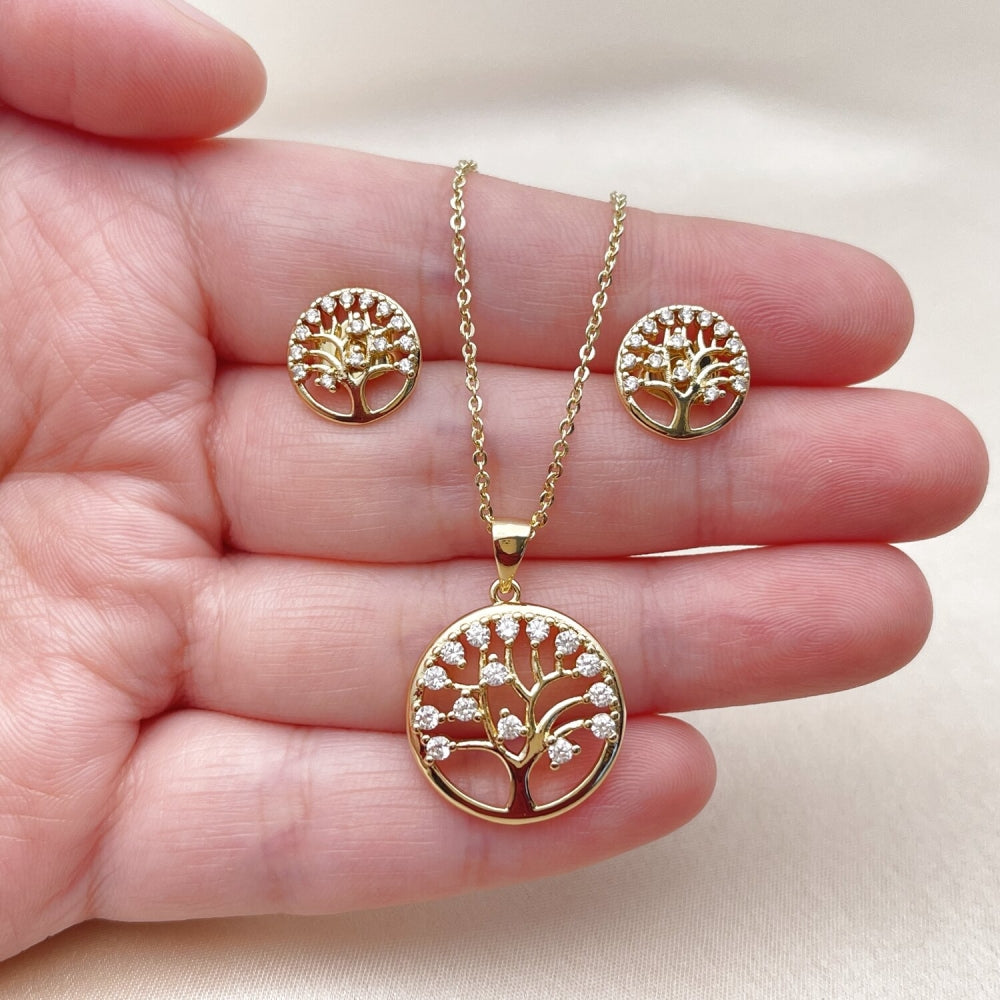 Oro Laminado Earring and Pendant Adult Set, Gold Filled Style Tree Design, with White Cubic Zirconia, Polished, Golden Finish