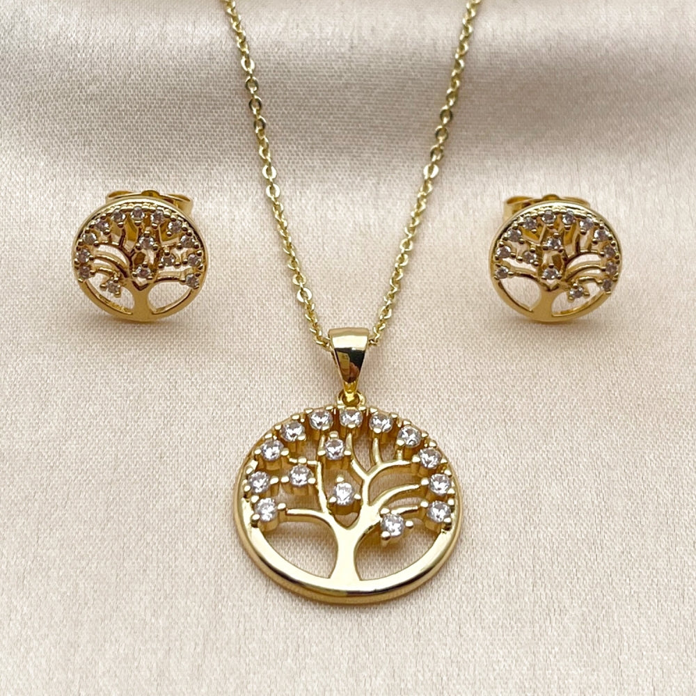 Oro Laminado Earring and Pendant Adult Set, Gold Filled Style Tree Design, with White Cubic Zirconia, Polished, Golden Finish