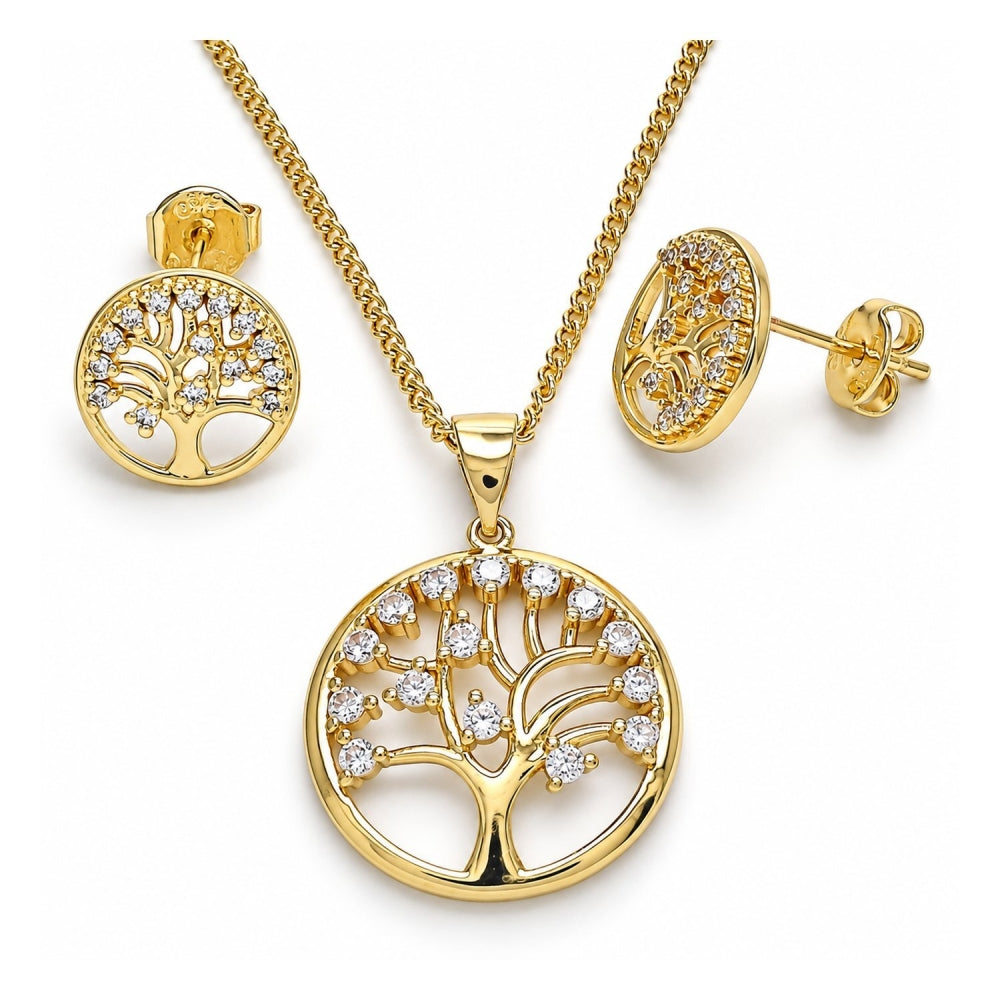 Oro Laminado Earring and Pendant Adult Set, Gold Filled Style Tree Design, with White Cubic Zirconia, Polished, Golden Finish