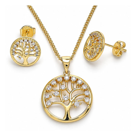 Oro Laminado Earring and Pendant Adult Set, Gold Filled Style Tree Design, with White Cubic Zirconia, Polished, Golden Finish