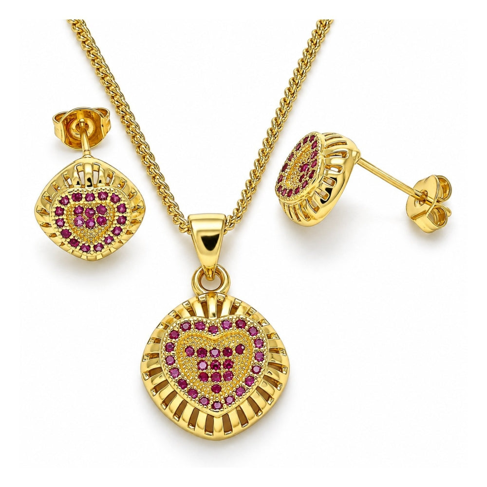 Oro Laminado Earring and Pendant Adult Set, Gold Filled Style Heart Design, with Ruby Micro Pave, Polished, Golden Finish