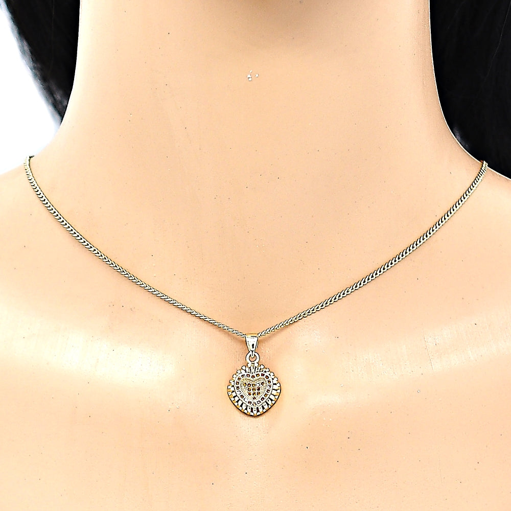 Oro Laminado Earring and Pendant Adult Set, Gold Filled Style Heart Design, with Garnet Micro Pave, Polished, Golden Finish