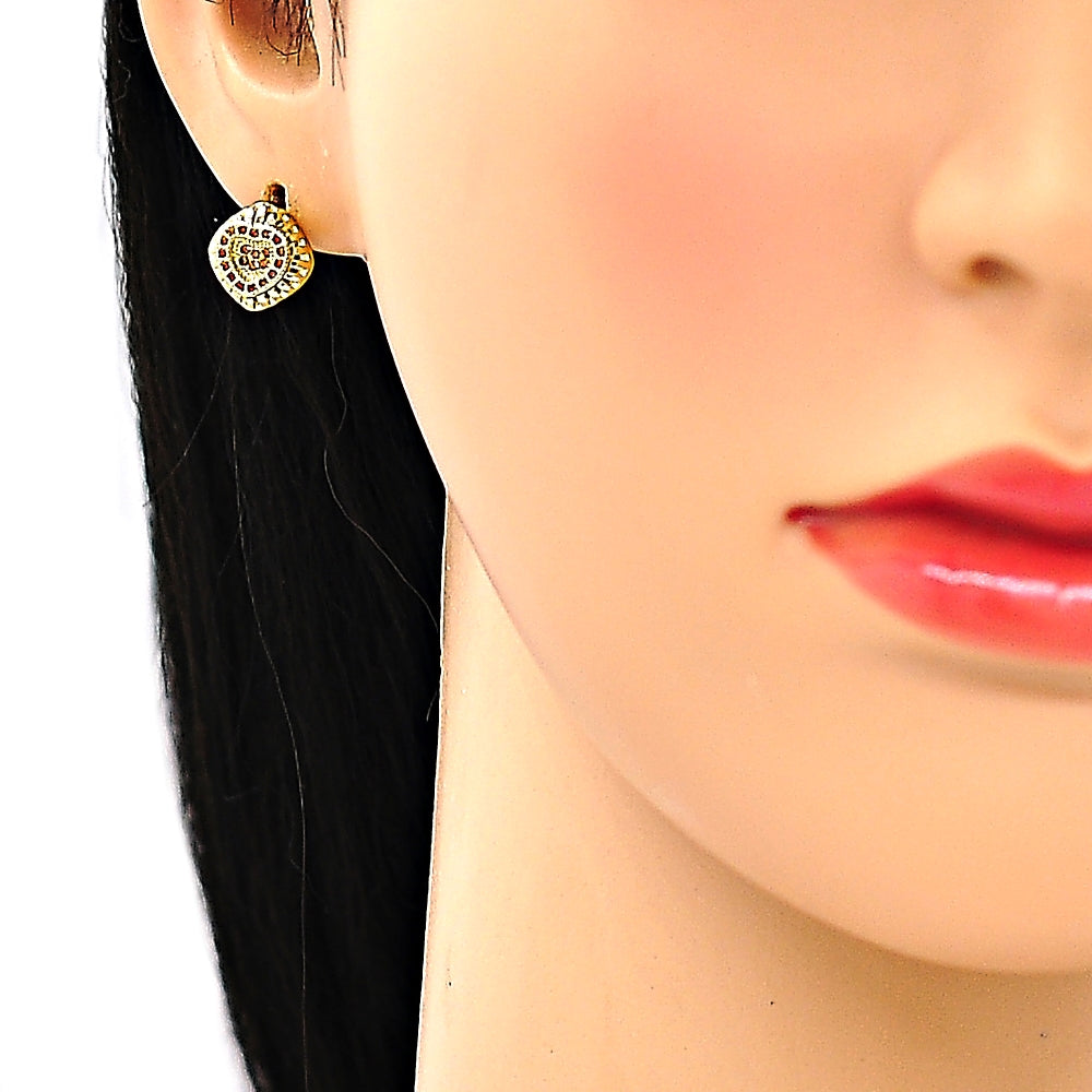 Oro Laminado Earring and Pendant Adult Set, Gold Filled Style Heart Design, with Garnet Micro Pave, Polished, Golden Finish