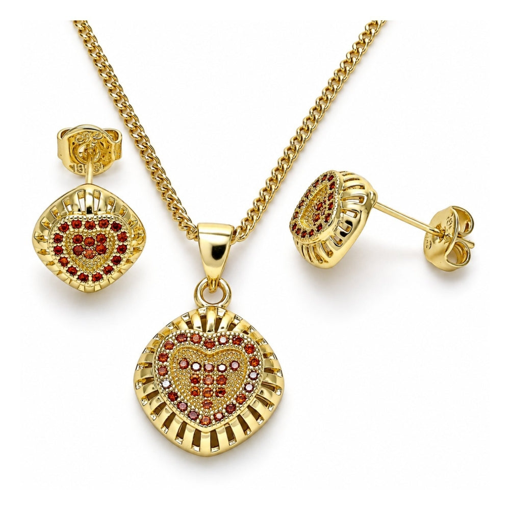 Oro Laminado Earring and Pendant Adult Set, Gold Filled Style Heart Design, with Garnet Micro Pave, Polished, Golden Finish