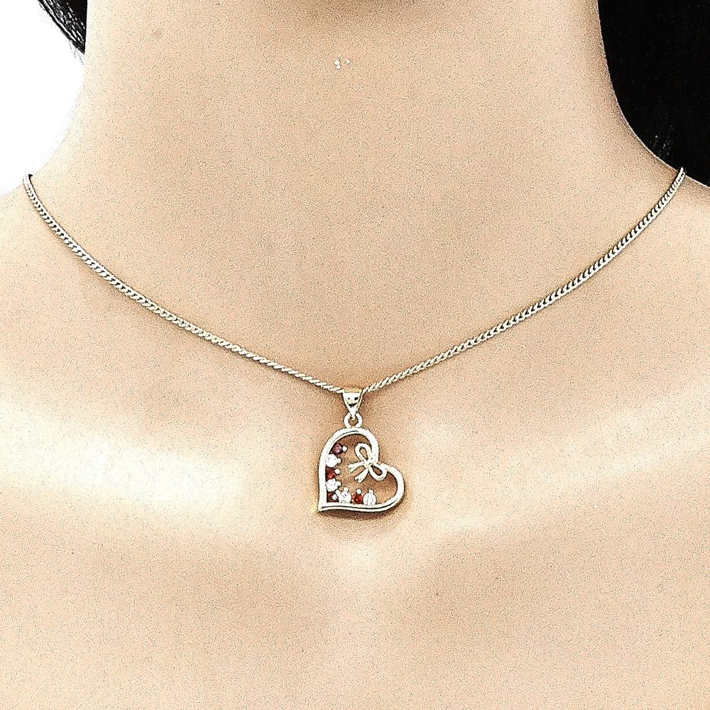 Oro Laminado Earring and Pendant Adult Set, Gold Filled Style Heart and Bow Design, with Garnet and White Cubic Zirconia, Polished, Golden Finish