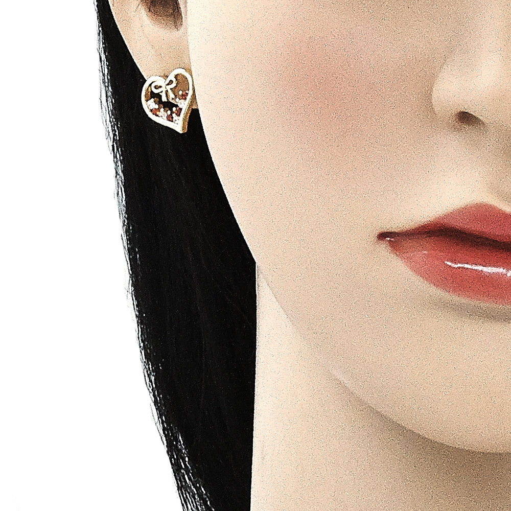 Oro Laminado Earring and Pendant Adult Set, Gold Filled Style Heart and Bow Design, with Garnet and White Cubic Zirconia, Polished, Golden Finish