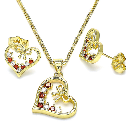 Oro Laminado Earring and Pendant Adult Set, Gold Filled Style Heart and Bow Design, with Garnet and White Cubic Zirconia, Polished, Golden Finish