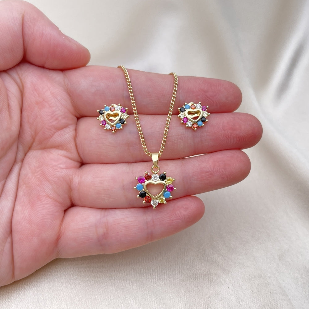 Oro Laminado Earring and Pendant Adult Set, Gold Filled Style Heart Design, with Multicolor Cubic Zirconia, Polished, Golden Finish