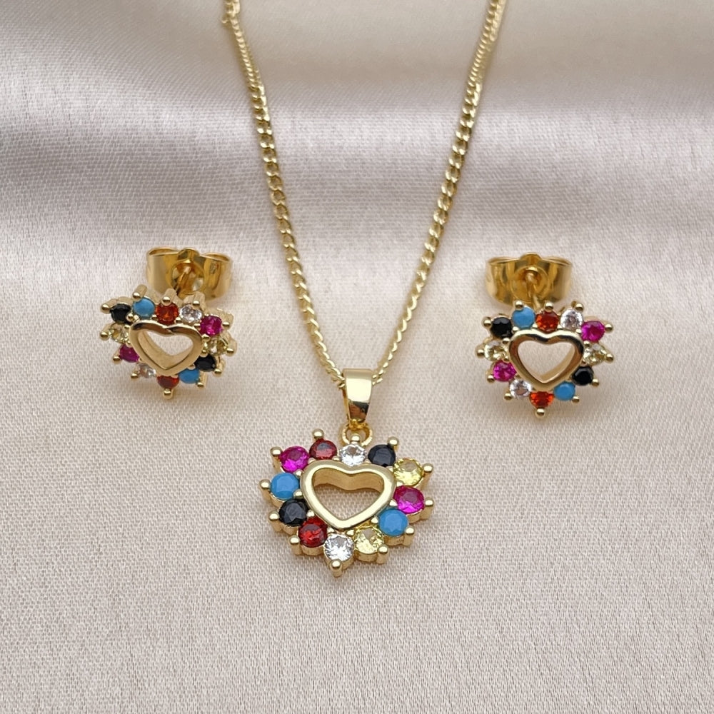 Oro Laminado Earring and Pendant Adult Set, Gold Filled Style Heart Design, with Multicolor Cubic Zirconia, Polished, Golden Finish