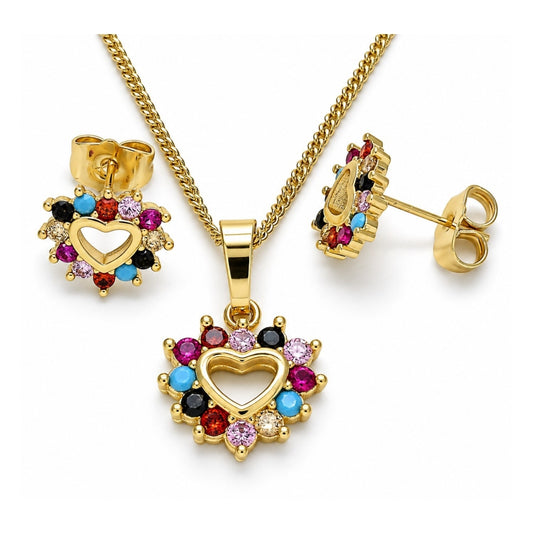 Oro Laminado Earring and Pendant Adult Set, Gold Filled Style Heart Design, with Multicolor Cubic Zirconia, Polished, Golden Finish