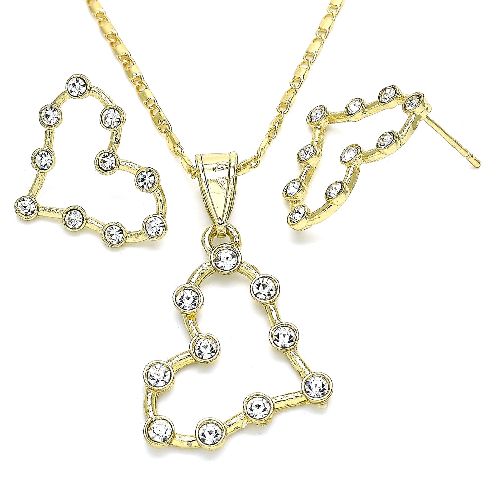 Oro Laminado Earring and Pendant Adult Set, Gold Filled Style Heart Design, with White Crystal, Polished, Golden Finish