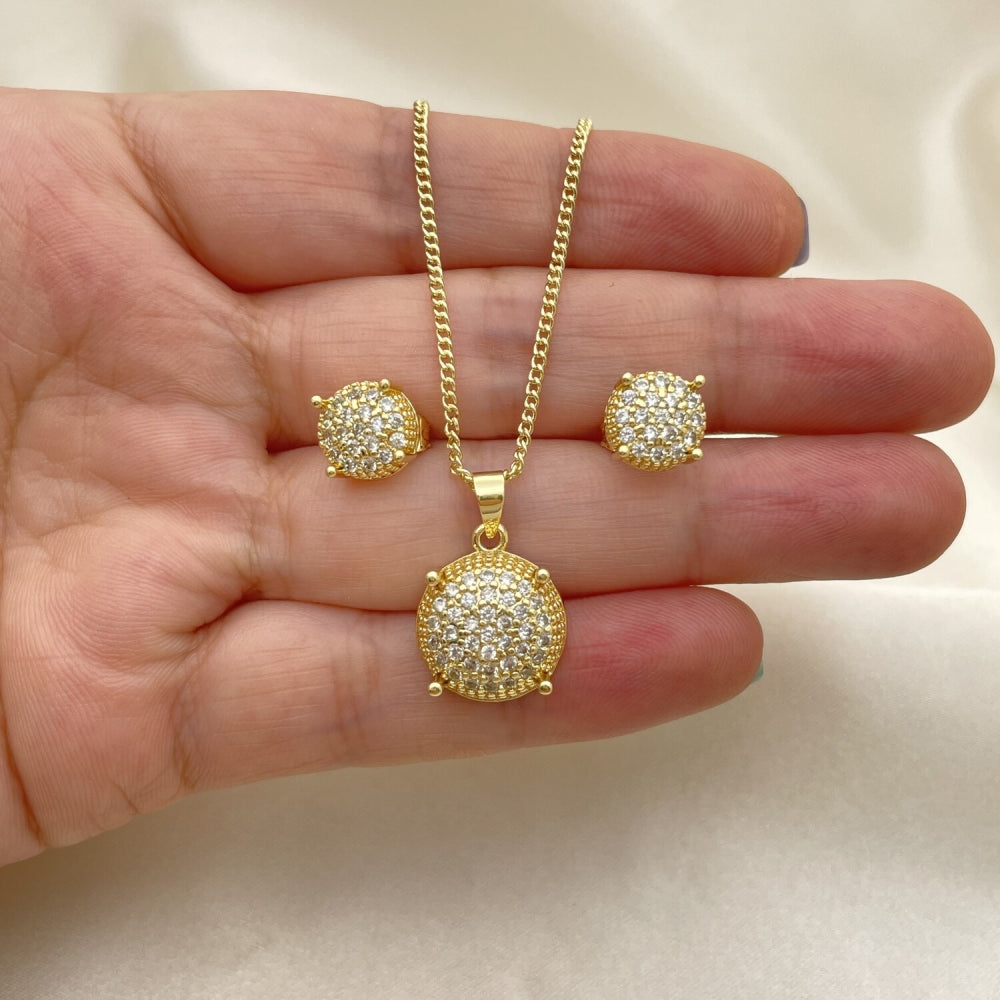 Oro Laminado Earring and Pendant Adult Set, Gold Filled Style with White Micro Pave, Polished, Golden Finish