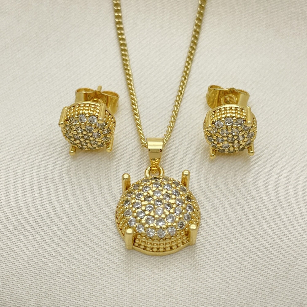 Oro Laminado Earring and Pendant Adult Set, Gold Filled Style with White Micro Pave, Polished, Golden Finish