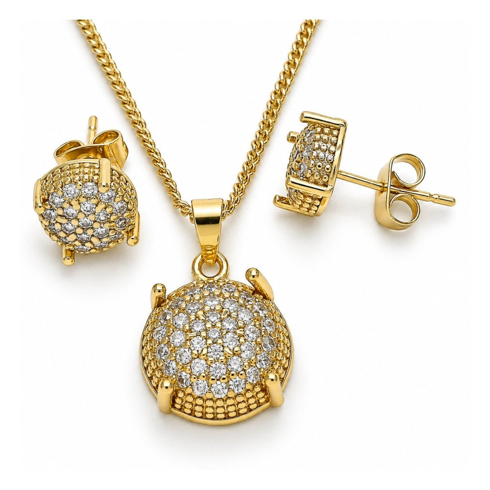 Oro Laminado Earring and Pendant Adult Set, Gold Filled Style with White Micro Pave, Polished, Golden Finish