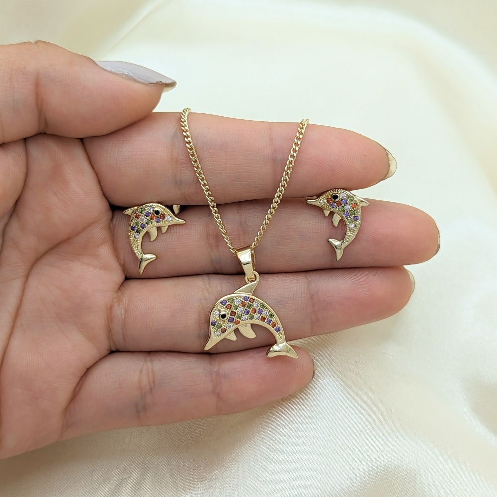 Oro Laminado Earring and Pendant Adult Set, Gold Filled Style Dolphin Design, with Multicolor Micro Pave, Polished, Golden Finish