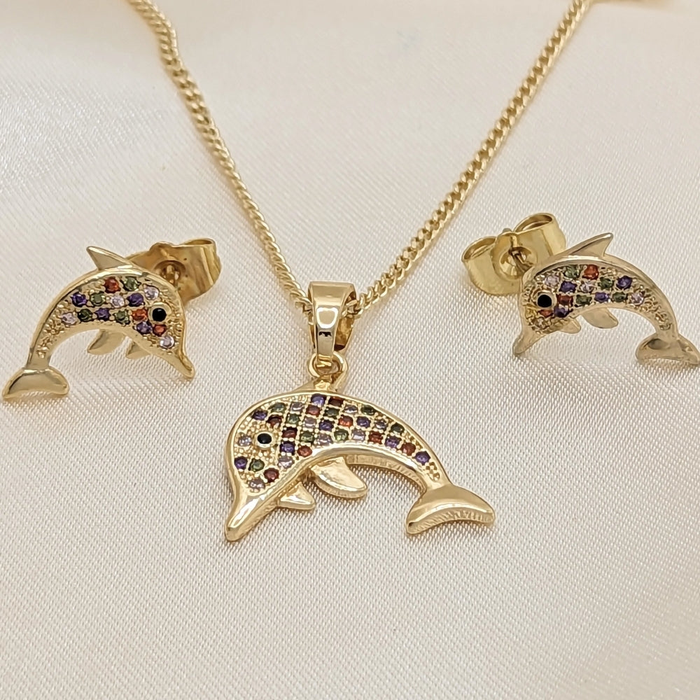 Oro Laminado Earring and Pendant Adult Set, Gold Filled Style Dolphin Design, with Multicolor Micro Pave, Polished, Golden Finish