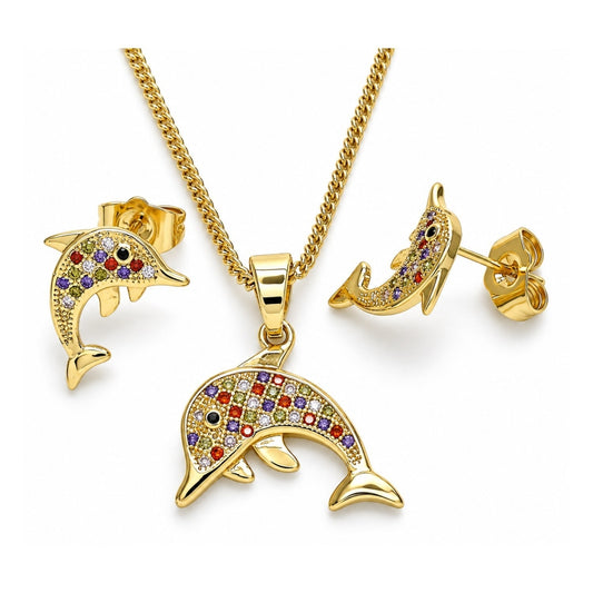 Oro Laminado Earring and Pendant Adult Set, Gold Filled Style Dolphin Design, with Multicolor Micro Pave, Polished, Golden Finish