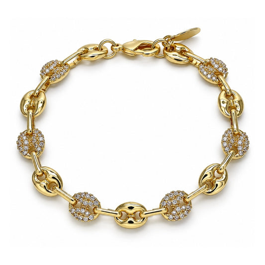 Oro Laminado Fancy Bracelet, Gold Filled Style Puff Mariner Design, with White Micro Pave, Polished, Golden Finish