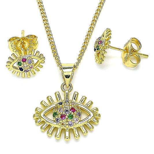 Oro Laminado Earring and Pendant Adult Set, Gold Filled Style Evil Eye Design, with Multicolor Micro Pave, Polished, Golden Finish