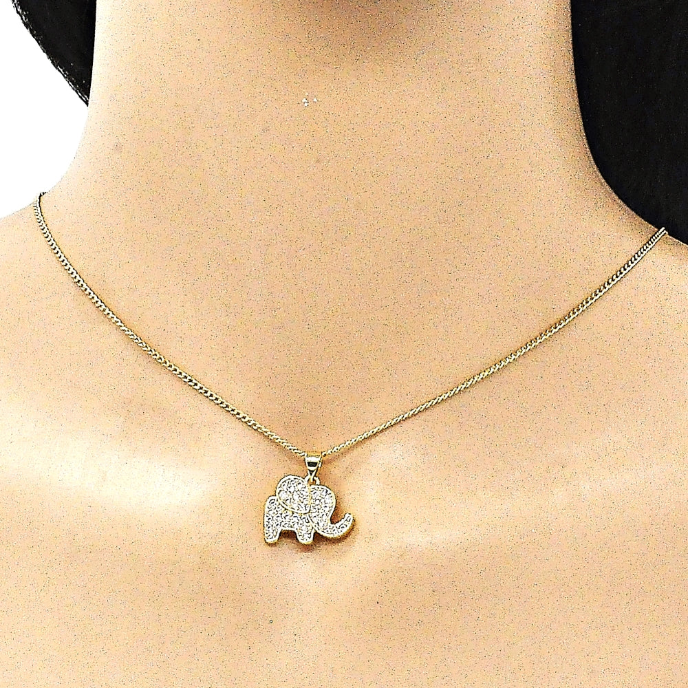 Oro Laminado Earring and Pendant Adult Set, Gold Filled Style Elephant Design, with White Micro Pave, Polished, Golden Finish