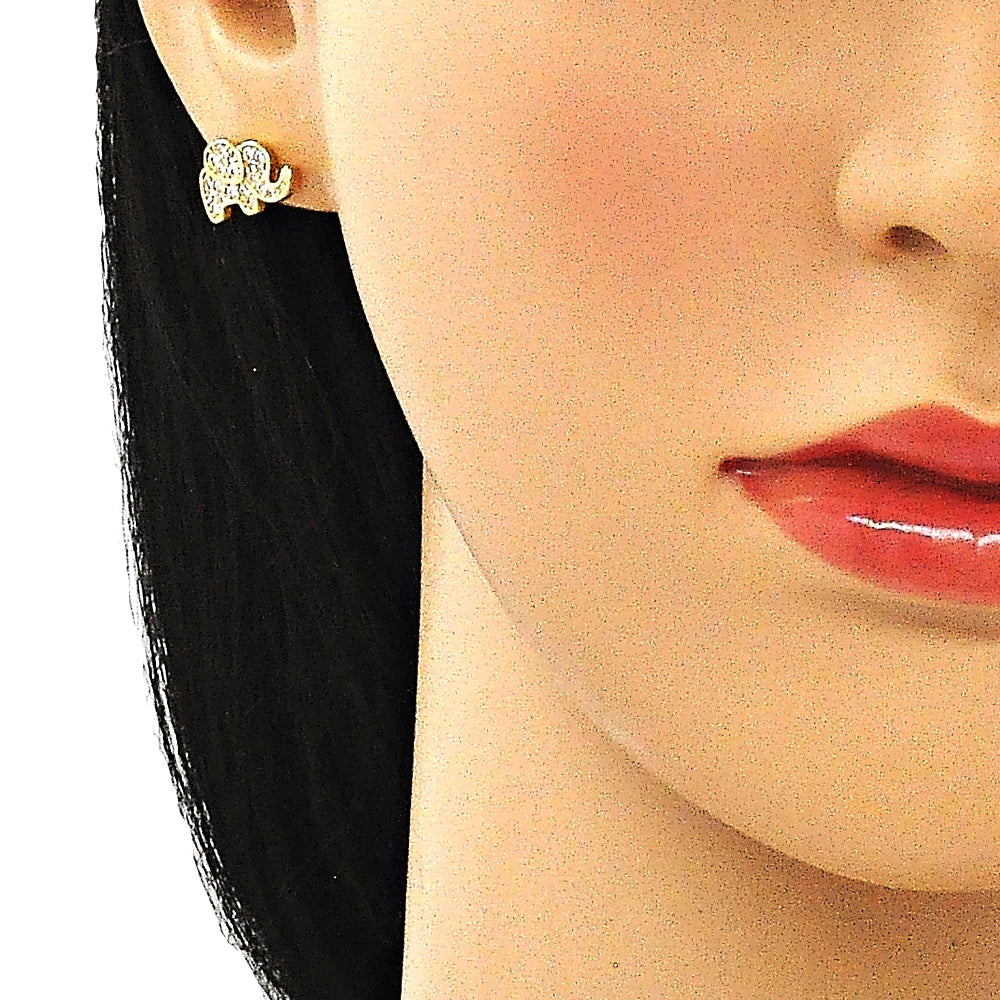 Oro Laminado Earring and Pendant Adult Set, Gold Filled Style Elephant Design, with White Micro Pave, Polished, Golden Finish