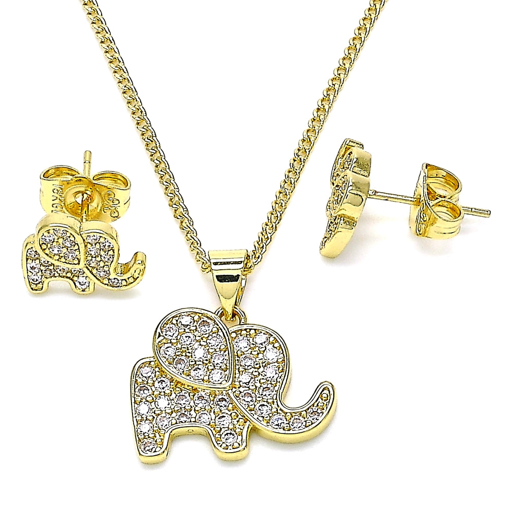 Oro Laminado Earring and Pendant Adult Set, Gold Filled Style Elephant Design, with White Micro Pave, Polished, Golden Finish